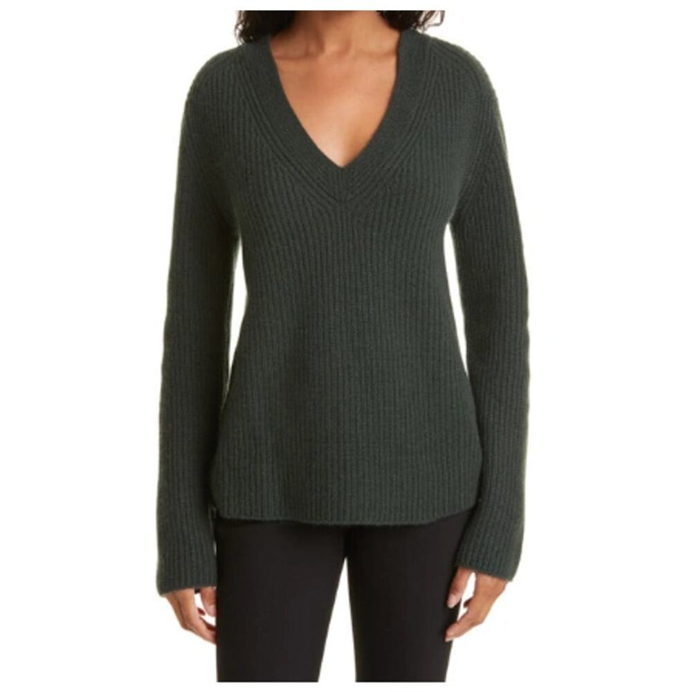 Vince V-Neck Shaker Green Ribbed Wool & Cashmere Sweater XS